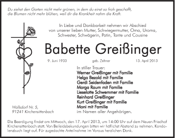 Traueranzeige von Babette Greißinger von Hersbrucker Zeitung